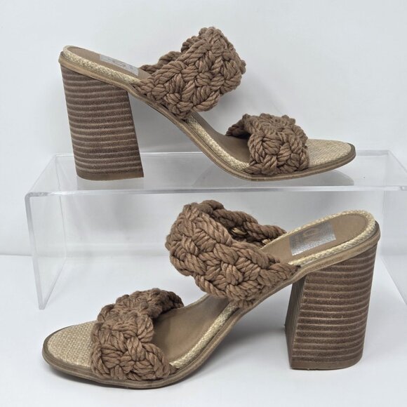 Dolce Vita Womens 8 Sandals Block Heel Brown Raffia Roulette Yarn Crochet Knit - Picture 2 of 7